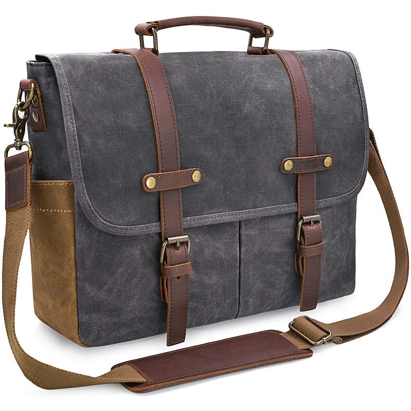 NEWHEY Mens Messenger Bag 15.6 Inch Waterproof Vintage Genuine Leather Waxed Canvas Briefcase Large Satchel Shoulder Bag Rugged Leather Computer Laptop Bag, Grey - Image 1